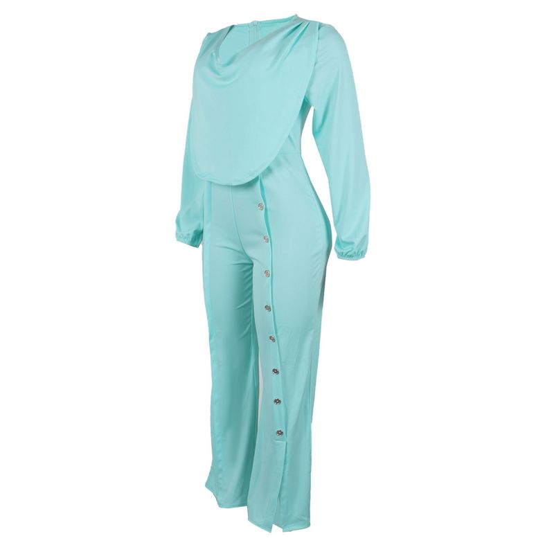 Women's Clothing Lantern Sleeve Waist Button Decoration Wide Leg Jumpsuit_voghion.com