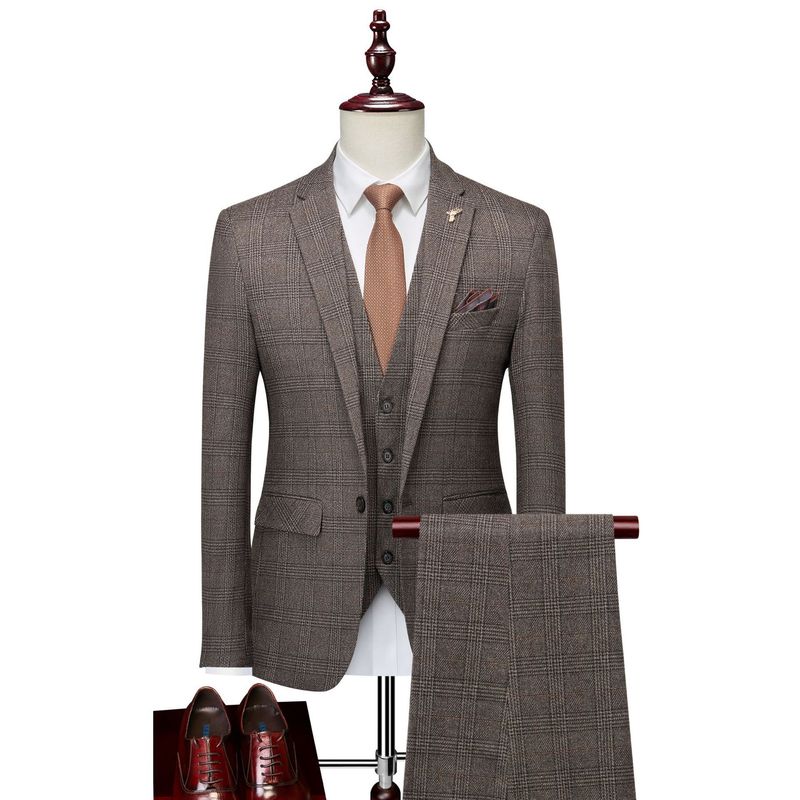 Conjunto de chaqueta de traje casual delgado a cuadros de ropa de hombre de 3 piezas_voghion.com