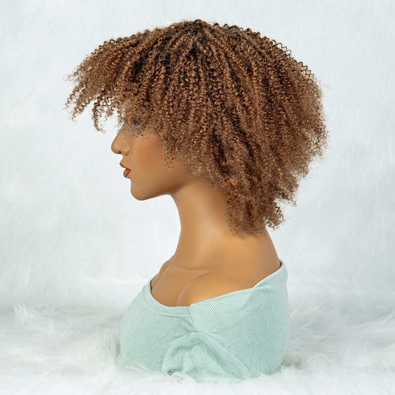 Short fluffy and breathable bob machine-made rose mesh real hair jerry curly brown and black color-blocked screw curls_voghion.com