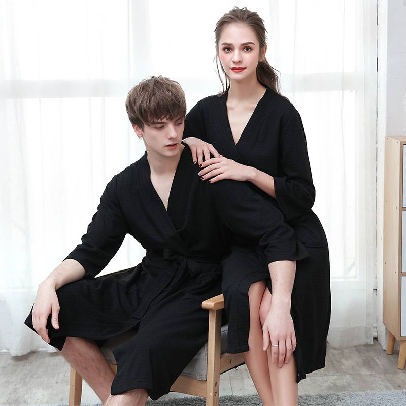 Peignoir de bain printemps et été pour femme, chemise de nuit fine en gaufre pour couple, hommes et femmes, manches trois-quarts, version coréenne, peignoir absorbant_voghion.com
