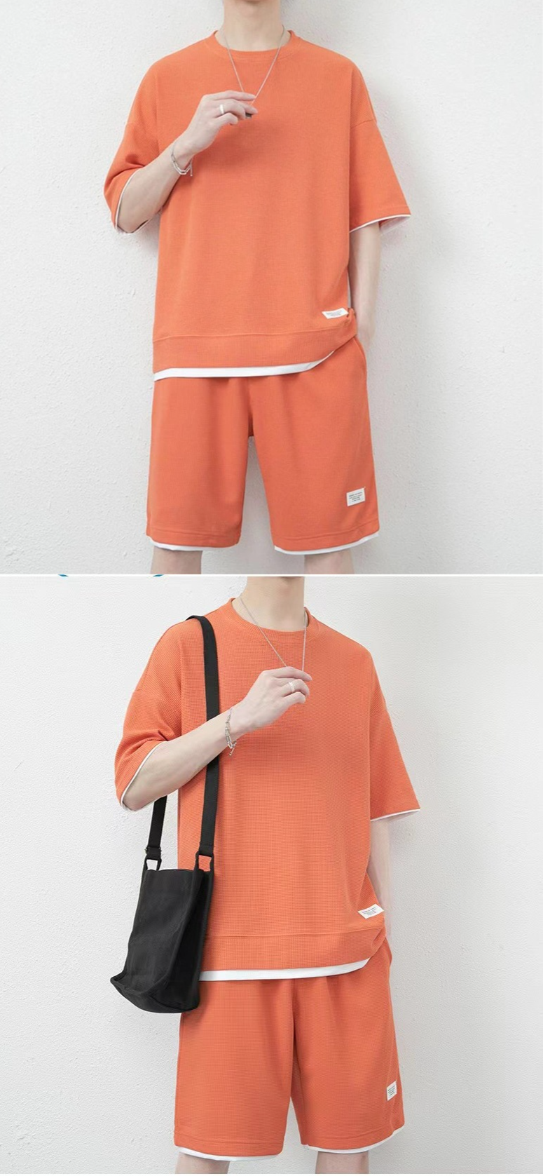 Herren Waffel Sport Casual Anzug Spot Großhandel Hong Kong Stil Lose Gefälschte Zweiteiler Kurzarm T Shorts Zweiteiler_voghion.com