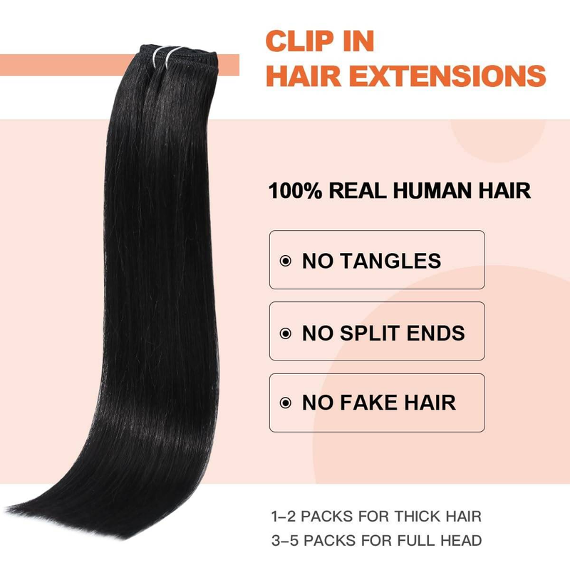 Clip-In-Haarverlängerungen, Echthaar, 16 Zoll, natürliches Schwarz, Clip-In-Doppelschuss, 100 % Echthaar-Extensions, 8 Stück, 90 g_voghion.com
