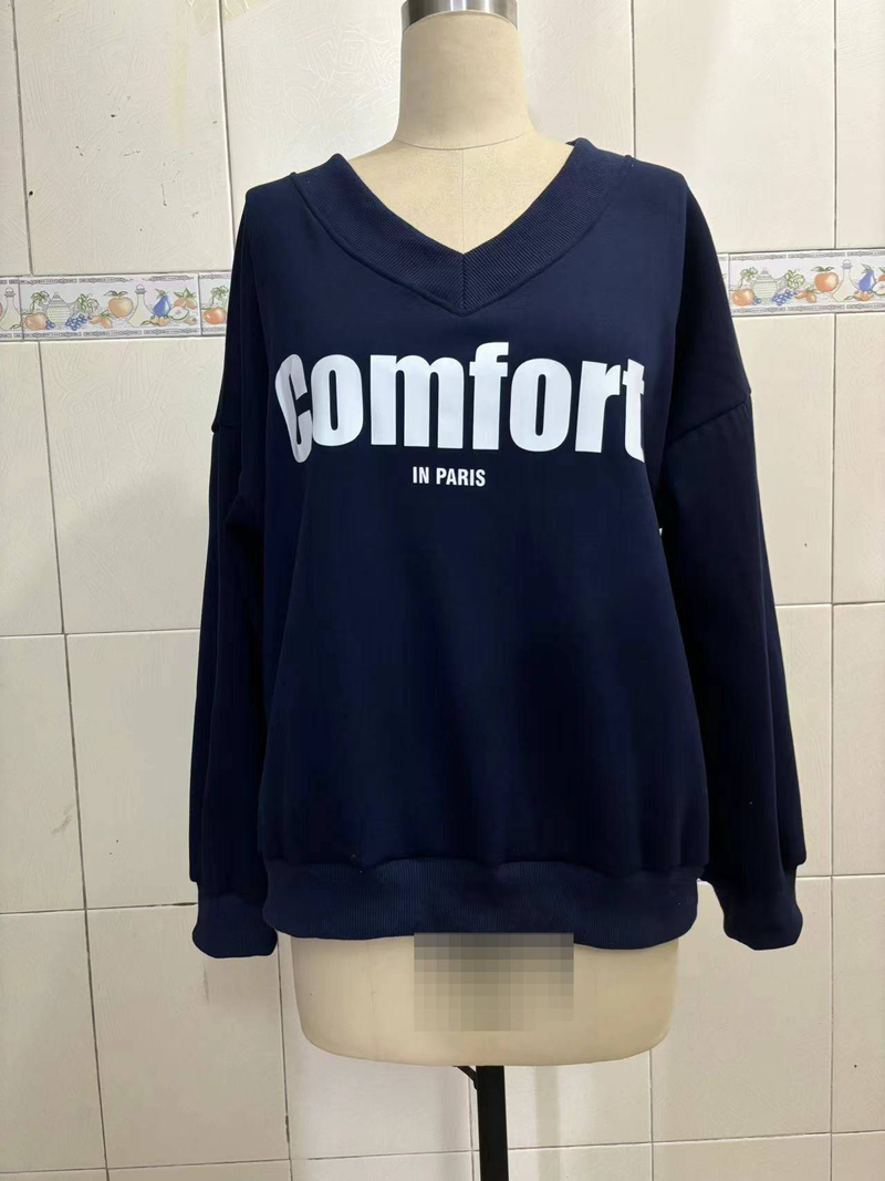 Women's Fashion V-Neck Casual Sweatshirt - Loose Fit Long Sleeve Pullover With Letter Print, Comfortable Polyester Blend, Multiple Colors_voghion.com