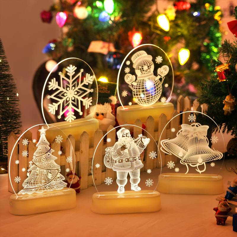 Luces LED 3D para la noche de Navidad: Papá Noel, muñeco de nieve, reno, árbol, campana, copo de nieve y formas de casa para decorar el hogar._voghion.com