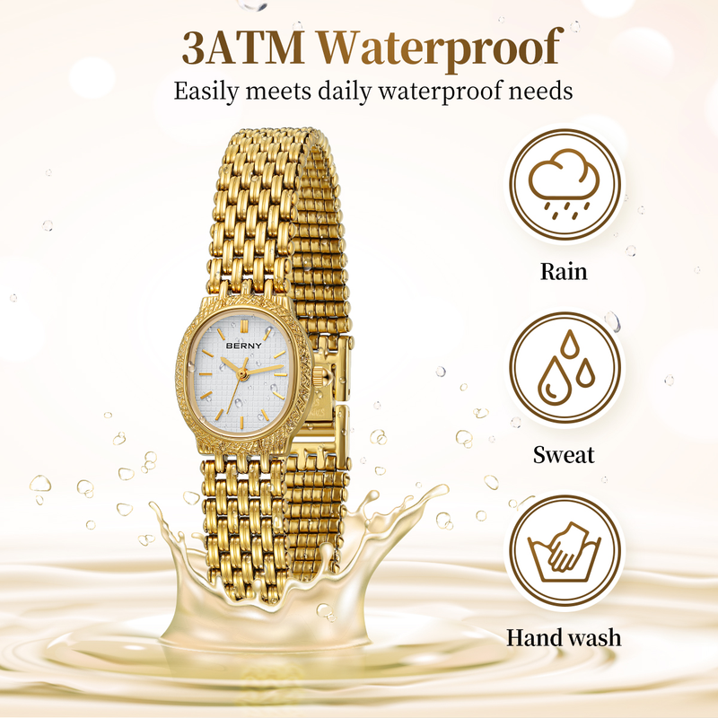 BERNY Small Gold Watches For Women Dainty Minimalist Oval Dial Stainless Steel Bracelet Watch Waterproof Luxury Ladies Quartz Watch With Tool Included_voghion.com