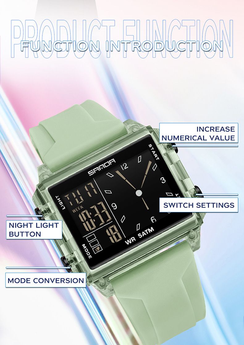 Square Multi-Function Digital Analog Watch With Transparent Case, Dual Time Display, Alarm, Stopwatch, Waterproof, And Luminous Feature_voghion.com