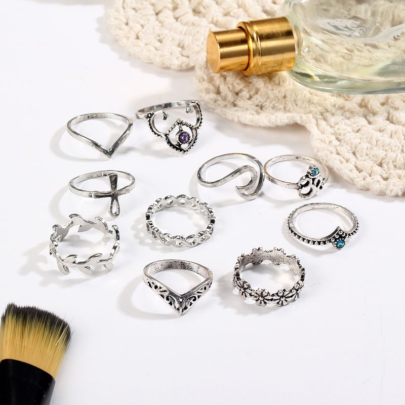 Fashion 10PCS/Set Vintage Antique Moon Heart Ring Crown Opal Stone Finger Midi Rings Set for Women Boho Jewelry Gift_voghion.com