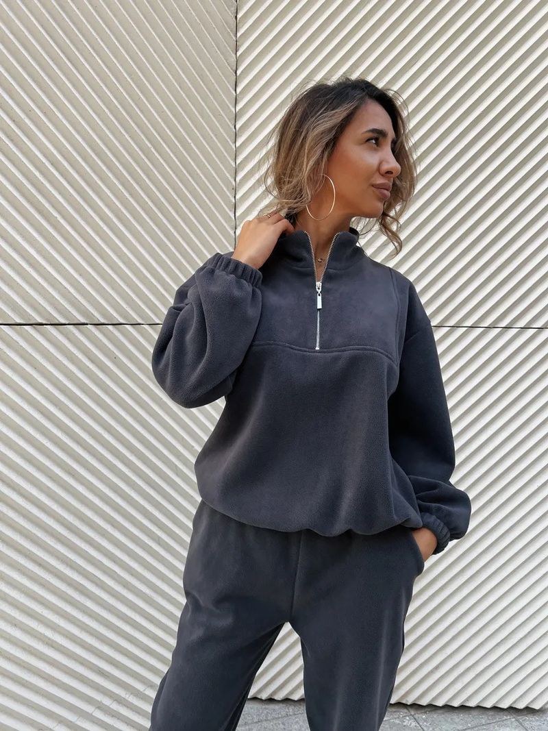 Lässiges Set aus Fleece-Kapuzenpullover und Jogginghose für Damen – locker sitzendes Sweatshirt mit Stehkragen und Hose mit elastischem Bund (Beige, Dunkelgrau, Khaki)_voghion.com