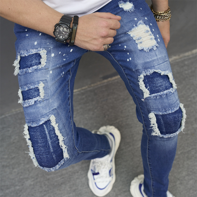 Jeans costurado tecido patch irregular calças plissadas tendência estilo clássico masculino_voghion.com
