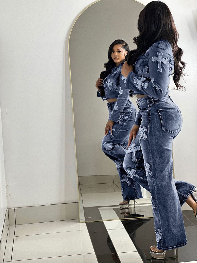 Women's Clothing New Cross Washed And Burned Western Elastic Casual Denim Suit_voghion.com