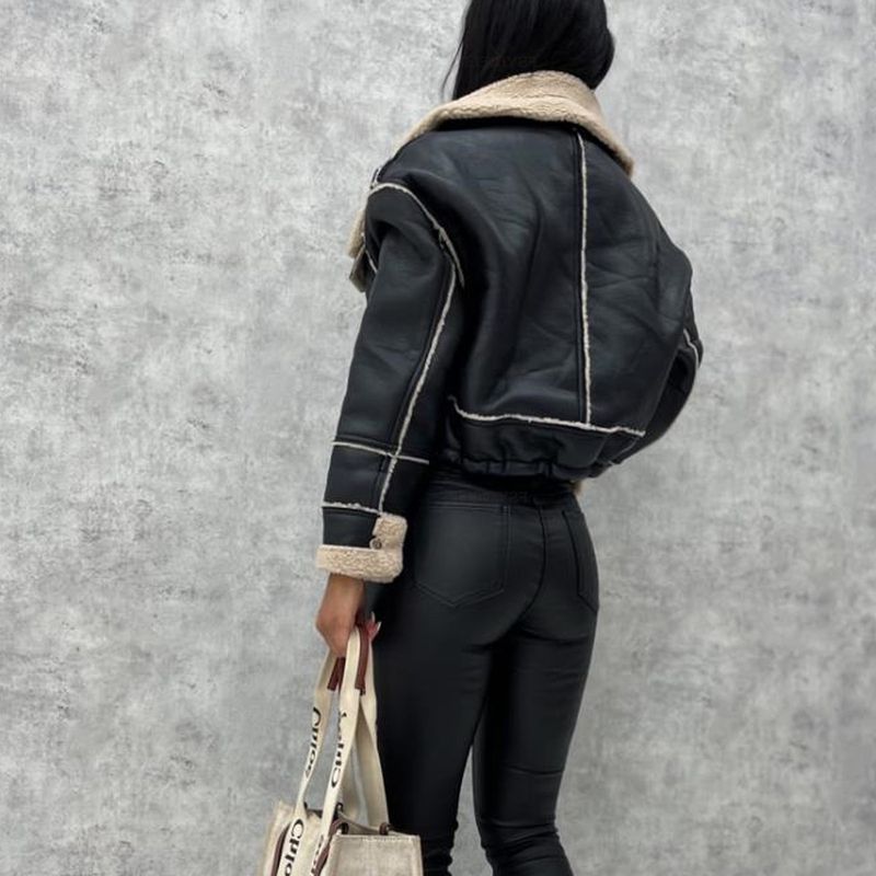 Veste bomber en cuir synthétique pour femme avec col en fausse peau de mouton, manteau zippé style motard, veste courte et courte pour vêtements d'extérieur streetwear automne/hiver_voghion.com