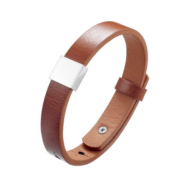 Unisex Genuine Simple Stainless Steel Smooth Surface Customizable Engraving Cowhide DIY Leather Bracelet_voghion.com