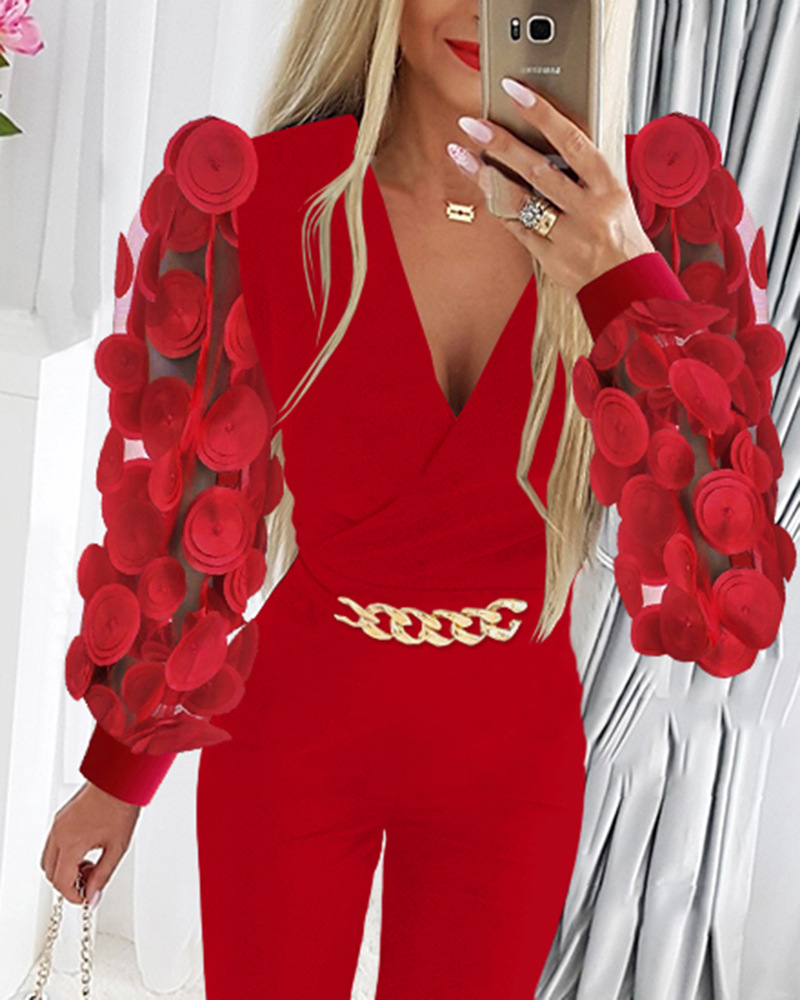 Damen-Jumpsuit mit V-Ausschnitt und Mesh-Spleißen_voghion.com