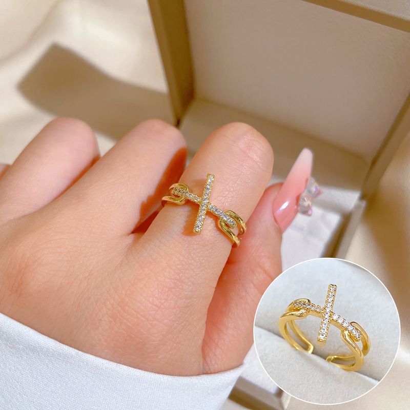 【 Real Gold Plating 】 Open Cross Women's Fashion Micro Inlay Light Luxury Finger Ring, Index Finger Ring, Netting Red,_voghion.com