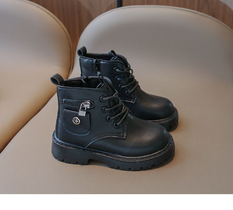 Scarpe per bambini Stivali per ragazze Autunno e inverno Stivali alla moda per bambini Stivali in pelle nera con suola morbida per bambini di medie e grandi dimensioni_voghion.com