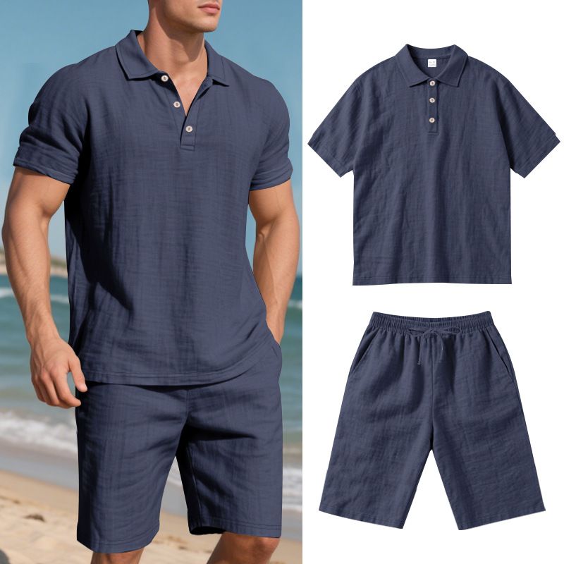 Ensemble polo et short de plage à manches courtes pour homme, style américain, ample, décontracté, respirant, en lin_voghion.com
