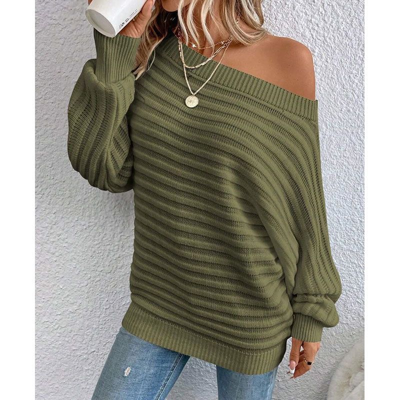 Eleganter Strickpullover mit Fledermausärmeln und U-Boot-Ausschnitt für Damen – weicher Acrylstoff, entspannte Passform, vielseitiger Pullover in Volltonfarbe für Herbst und Winter_voghion.com