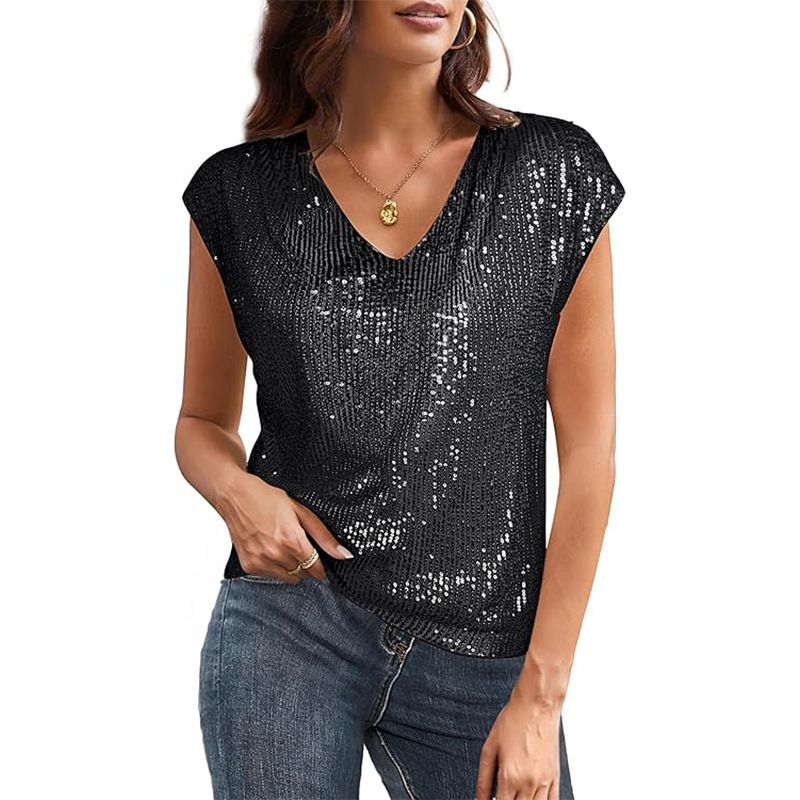 Canotta con scollo a V e maniche a pipistrello, con perline e glitter, nuova moda estiva 2025 da donna_voghion.com