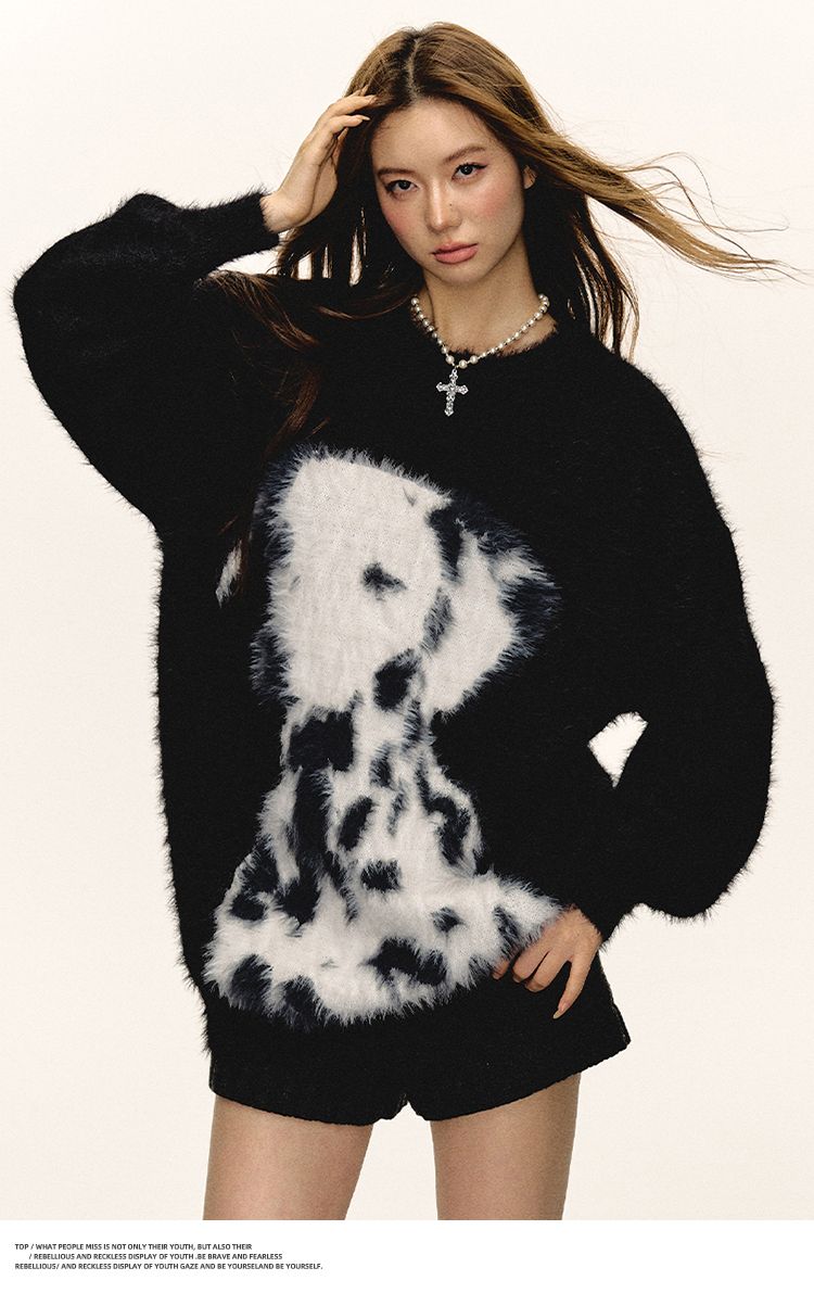 Aaisup Black Cartoon Dalmatian Dog Round Neck Sweater For Women Winter Soft Lazy Style Loose Versatile Knitted Top_voghion.com