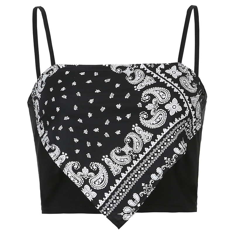 Street Style Cashew Flower Printed Suspender Top Women's Slim Fit, Versatile And Slimming Short Style, Paired With_voghion.com