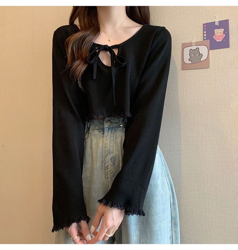 Elegant and lace V-neck long sleeved t-shirt for women, 2024 autumn new collection with strap design, niche slim fit top_voghion.com