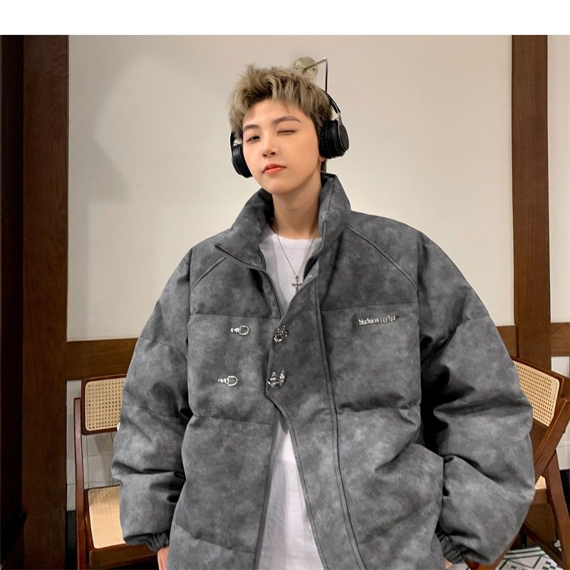 Hue Hue PU Leather For Men Winter Metal Airplane Buckle American Style Coat Thickened Warm Loose Puffer Cotton Padded Jacket_voghion.com