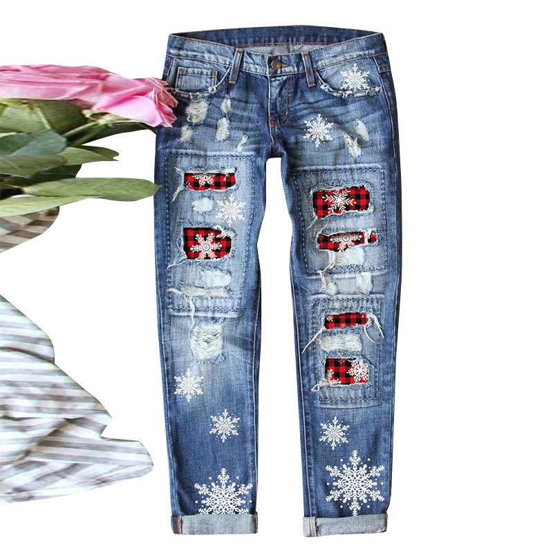 Gerade Jeans Damen Weihnachten Schneeflocke Gedruckt Patch Zerrissene Denim Hose_voghion.com