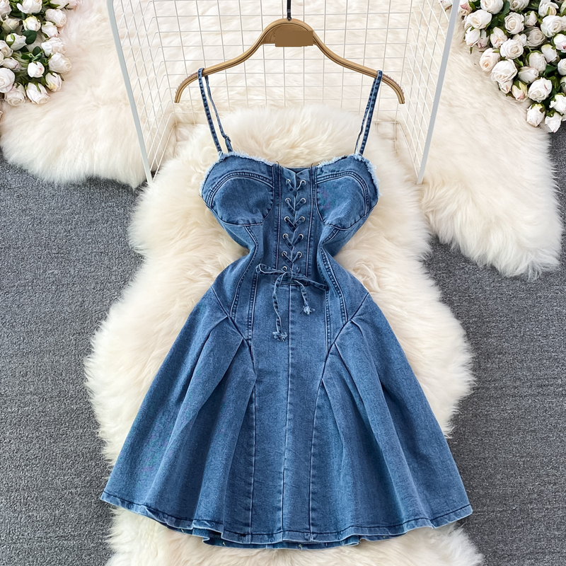 Damenbekleidung Sommer New Style Strap Taille Abnehmen Rückenfrei Ärmellos Sexy Süß Und Würzig Denim Hosenträger A-Linie Kleid Für Frauen_voghion.com