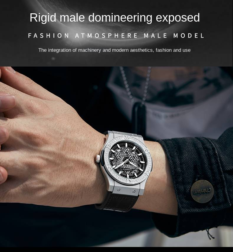 ROERDUM Cyber-sarjan heksagrammiautomaattikello - timanteilla koristeltu kellotaulu, aito nahkaranneke, mekaaninen koneisto, miesten muotirannekello_voghion.com