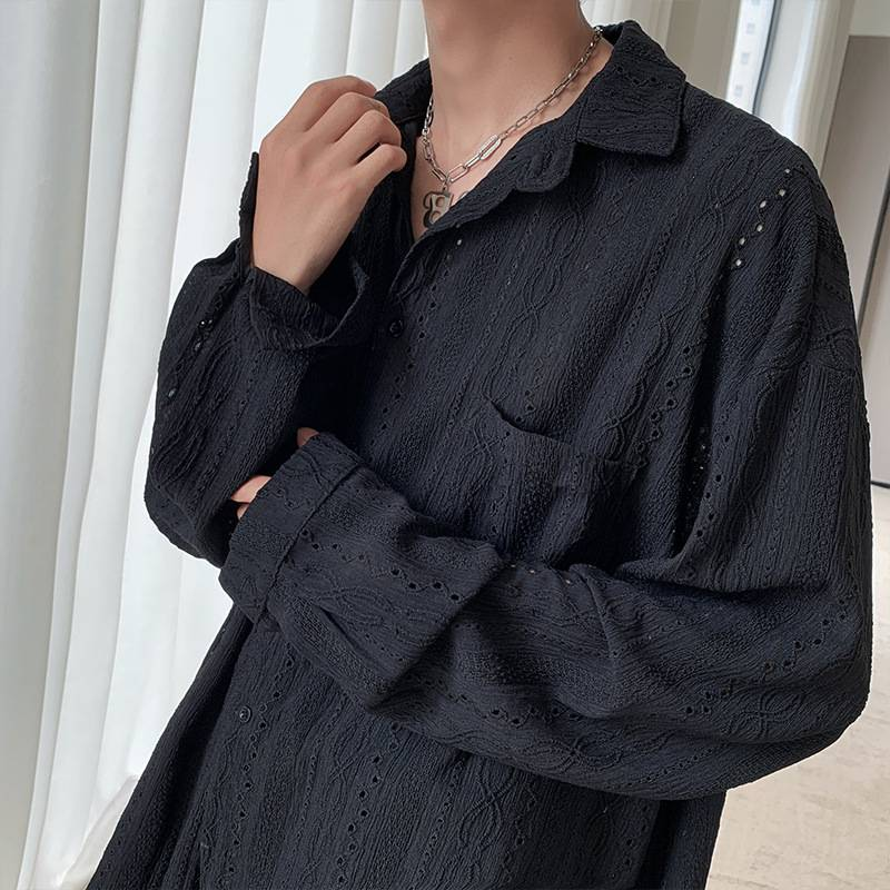 Camicia da uomo minimalista di lusso con lacci - Blusa oversize a maniche lunghe con colletto decostruito (M-3XL, poliestere, unisex streetwear chic)_voghion.com