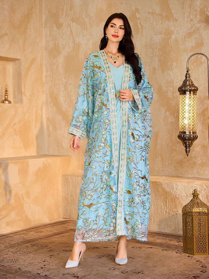 Elegant Gold-Embroidered Abaya Dress – Modest Muslim Long Sleeve Maxi With Floral Lace & Batwing Sleeves (S-XXL, Mint Green)_voghion.com