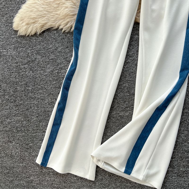 Kadın Giyim Moda Takım Elbise Kadınlar İçin Yaz Aylarında Kot Dikişli Kısa Kollu Fermuarlı Üst + Yüksek Bel Rahat Geniş Paça Pantolon_voghion.com