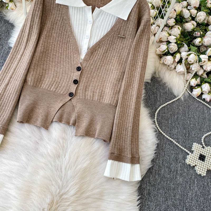 Ensemble blazer en tricot chic et jupe taille haute – Design superposé bicolore, col cranté, coupe slim, tenue de bureau et décontractée_voghion.com
