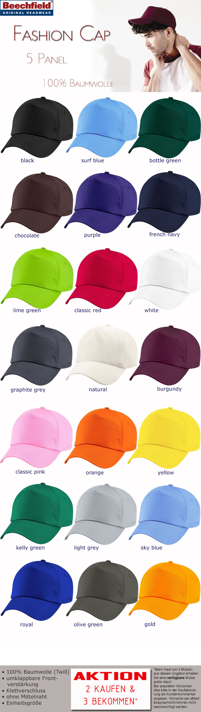 Orig. Beechfield Basecap Baseball 5 Panel Cap Schirm M ü tze 21 Farben_voghion.com