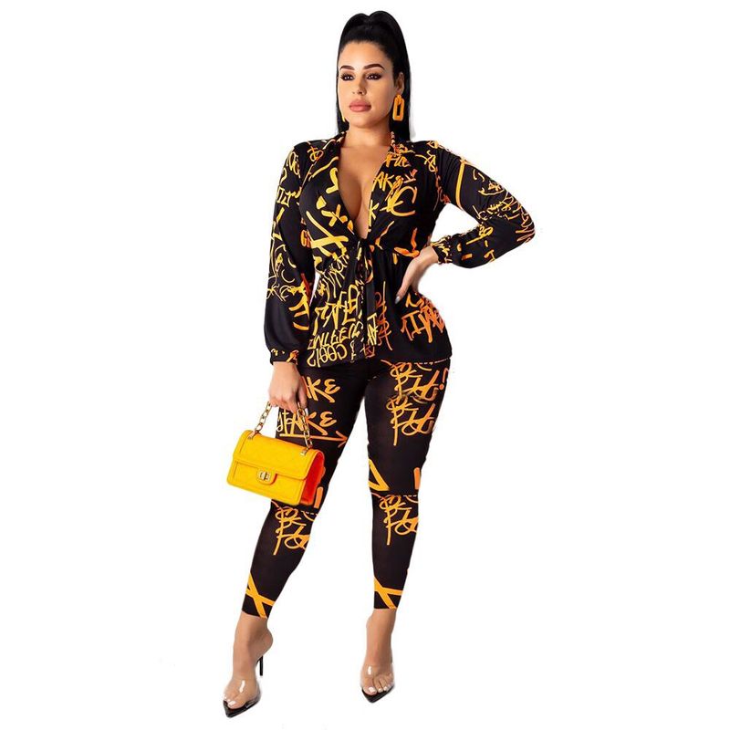 Conjunto feminino de duas peças com estampa de letras, blazer de manga comprida e calça lápis, roupa elegante para escritório, poliéster elástico, P/M/G/GG (laranja)_voghion.com
