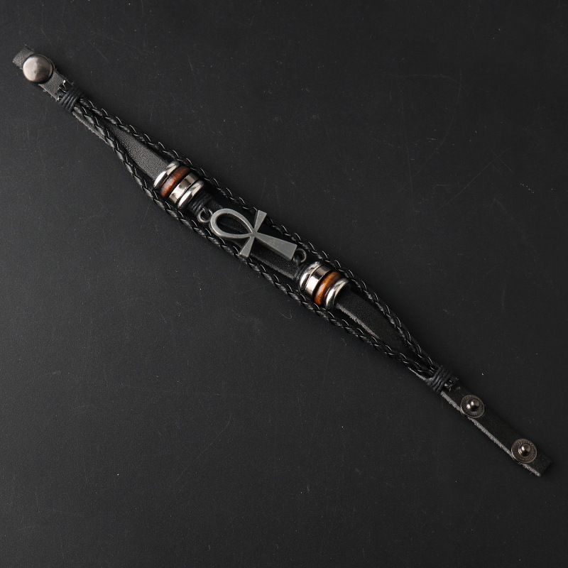 Novo símbolo da vida egípcia antiga Ankh Cruz Pulseira de couro trançado Joia_voghion.com