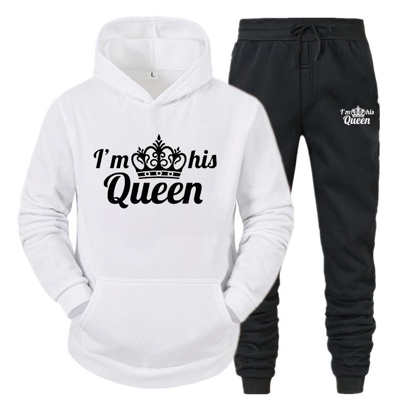 Set da donna con cappuccio KING QUEEN per coppie maschili e femminili, tuta sportiva casual, set di due pezzi_voghion.com