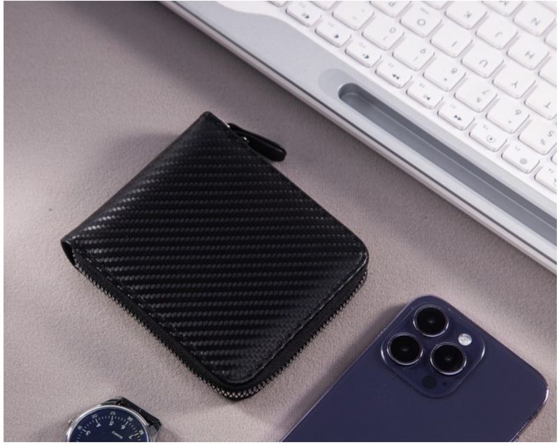 Carteira masculina com porta-cartões, carteira curta com estampa de fibra de carbono, grande capacidade, zíper, porta-cartões, corrente_voghion.com