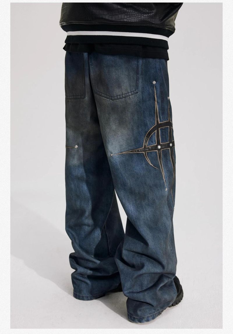 "Retro Streetwear Denim Pants – Loose Straight Fit Jeans With Rivet & Patch Design, Casual Style, Unisex (M-4XL)"_voghion.com