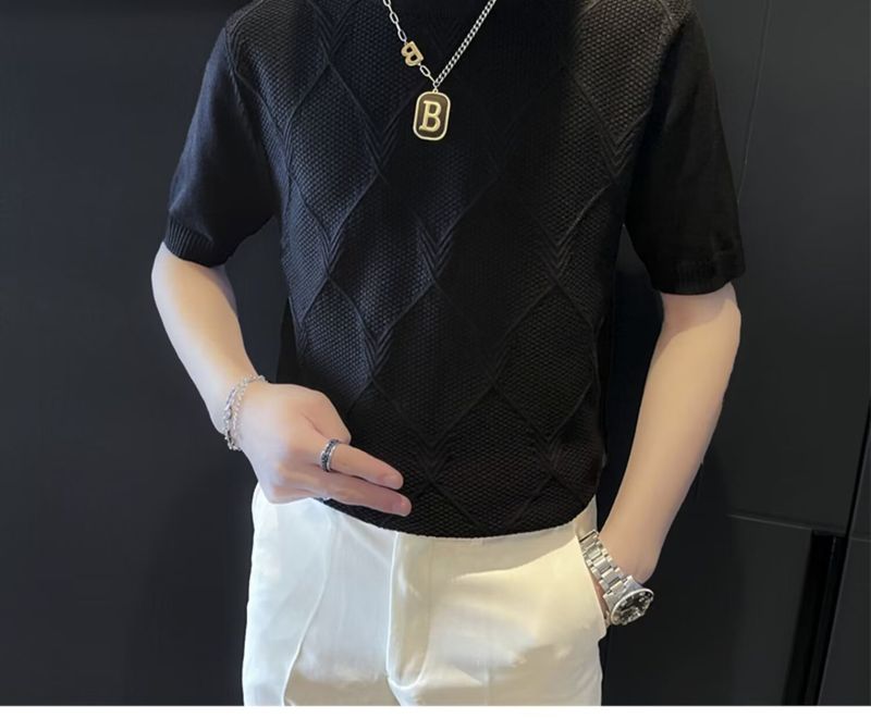 Camiseta de manga curta de seda gelada para o verão, suéter de malha fino da marca da moda, corte slim, elástico e respirável_voghion.com