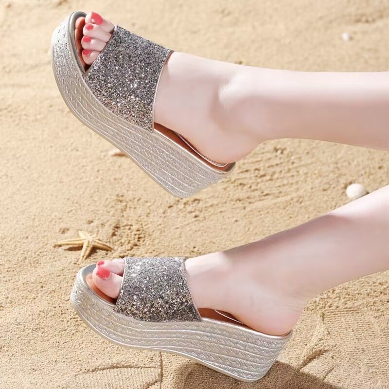 2025 Summer New Flat Sandals Women's Thick Sole High Heel Fish Mouth Sequin Slippers Factory Goods Direct_voghion.com