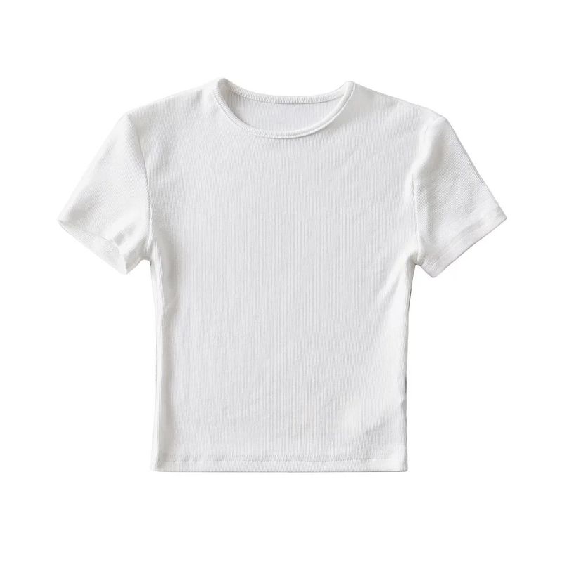 Maglietta corta da donna, vestibilità attillata, taglio con ombelico scoperto, manica corta, cotone filato, scollatura piccola elastica,_voghion.com