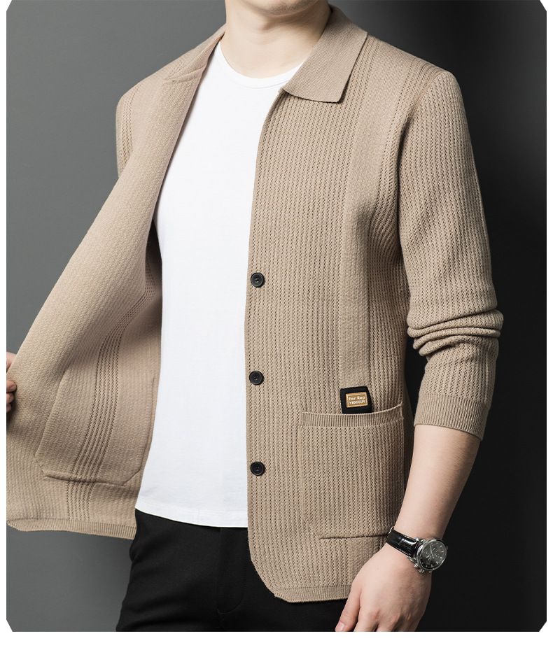Chaqueta de punto tipo cárdigan juvenil para hombre, informal, de color sólido, primavera y otoño de 2025_voghion.com