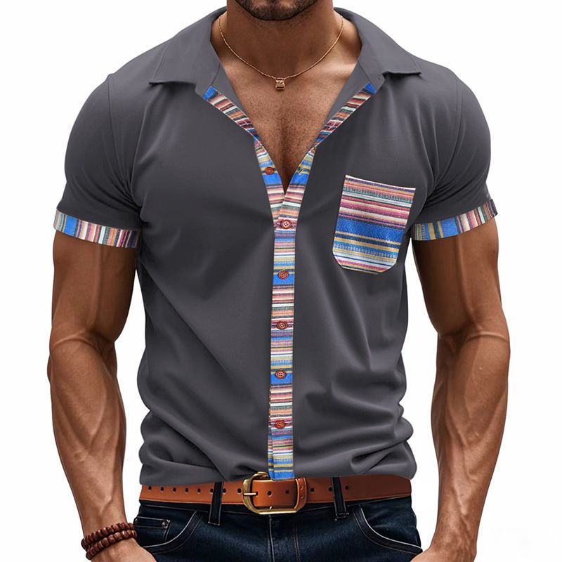 Men's Clothing TK New Summer Men's Loose Casual Light Luxury Bohemian Style Contrast Color Shirt Short Sleeved Cardigan_voghion.com