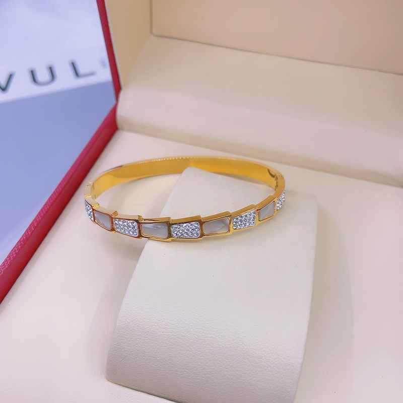 Designer Snake Bone Bracelet With Diamond White Shell Titanium Steel Bracelet Personality Light Luxury_voghion.com