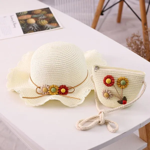 2Pcs Girls Sunflower Summer Wide Brim Hat Casual Toddler Baby Girls Straw Hat with Shoulder Bag Sun Beach Travel Sunshade Caps_voghion.com