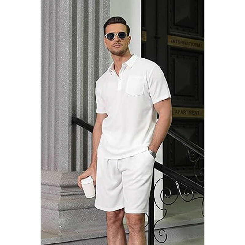 Completo estivo da uomo con polo e pantaloncini in maglia a nido d'ape, 2 pezzi, felpa casual con tasca_voghion.com