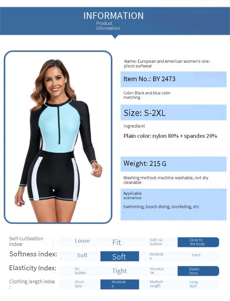 Costume da bagno intero a maniche lunghe da donna - Rash guard completo con cerniera frontale, vestibilità aderente e design a blocchi di colore per surf, sorgenti termali e immersioni._voghion.com
