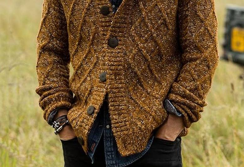 Men's Diamond Pattern Knit Cardigan – Retro Wool-Blend Sweater, Autumn & Winter Layering Essential (M-3XL, Brown)_voghion.com