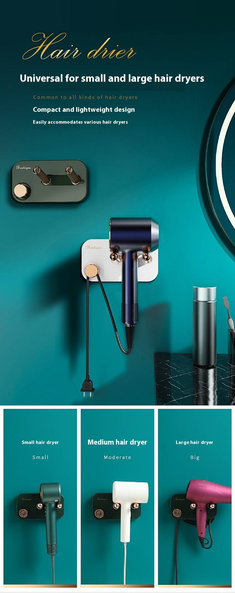 Porta asciugacapelli di lusso color oro – Organizer da parete per il bagno, senza fori e salvaspazio (capacità 5 kg, opzioni bianco/verde)_voghion.com